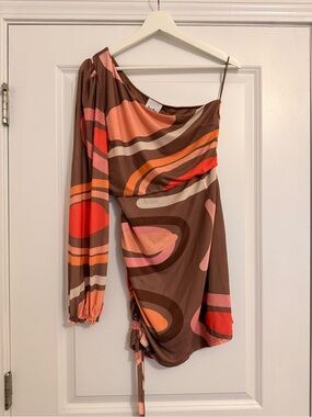 Groovy Retro Swirl One Shoulder Cutout Mini Dress Size Large NWT